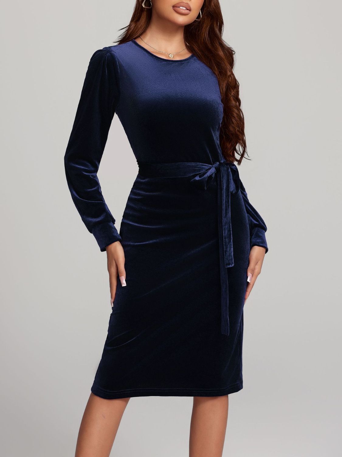 Round Neck Tie Waist Velvet Dress