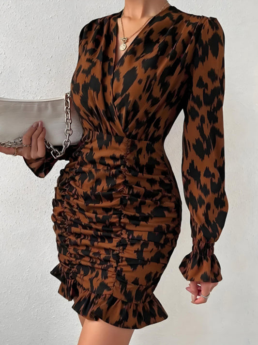 Ruched Ruffled Leopard Surplice Dress