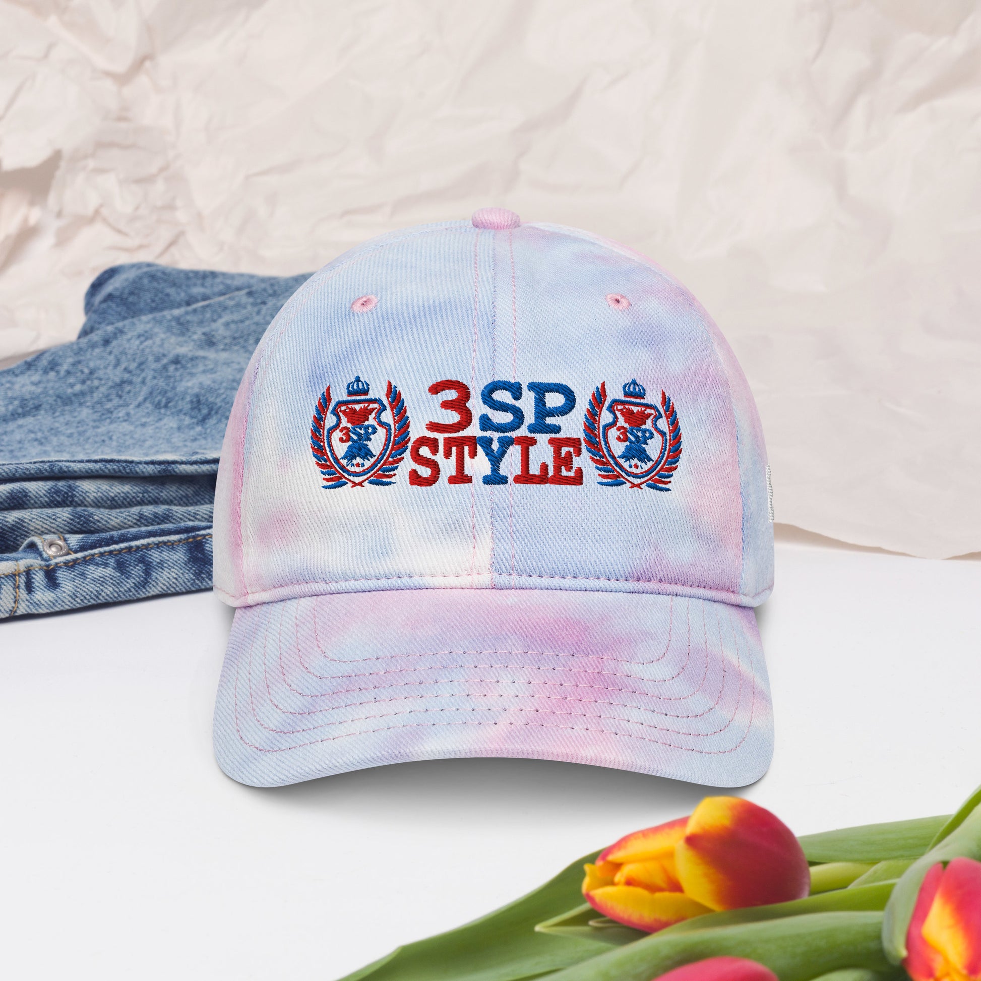 "3SP STYLE Tie-Dye Dad Hat – Unstructured, 6-panel, low-profile with Embroidered detail, pre-curved visor & adjustable buckle closure."