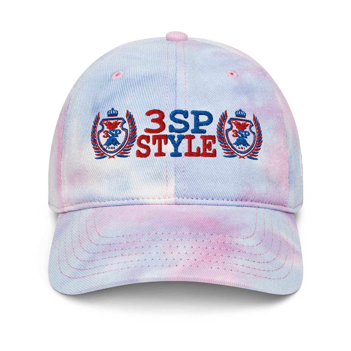 "3SP STYLE Tie-Dye Dad Hat – Unstructured, 6-panel, low-profile with Embroidered detail, pre-curved visor & adjustable buckle closure."