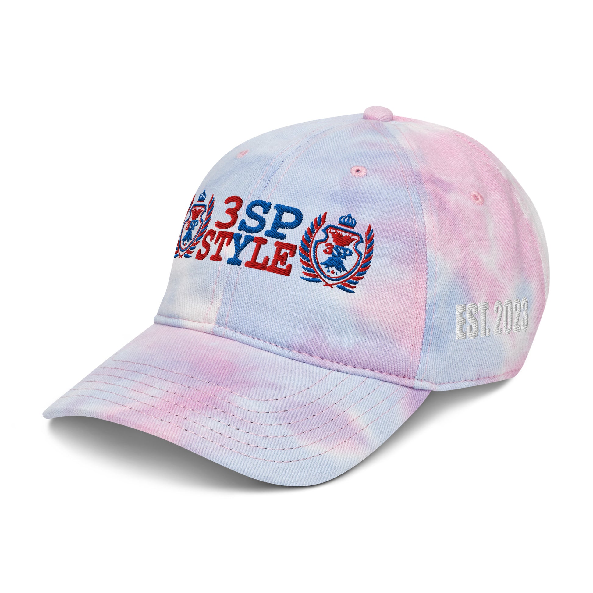 "3SP STYLE Tie-Dye Dad Hat – Unstructured, 6-panel, low-profile with Embroidered detail, pre-curved visor & adjustable buckle closure."