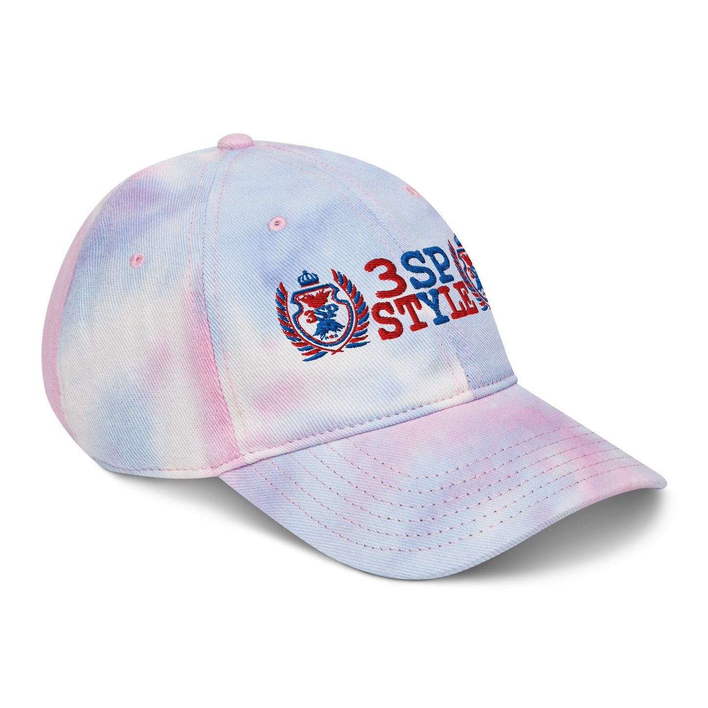 "3SP STYLE Tie-Dye Dad Hat – Unstructured, 6-panel, low-profile with Embroidered detail, pre-curved visor & adjustable buckle closure."