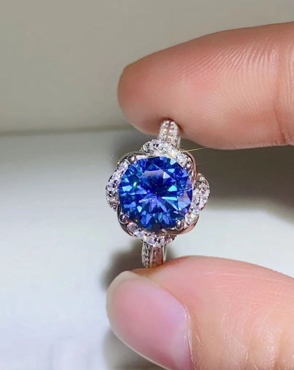 2 Carat Cobalt Blue Moissanite 925 Sterling Silver Ring